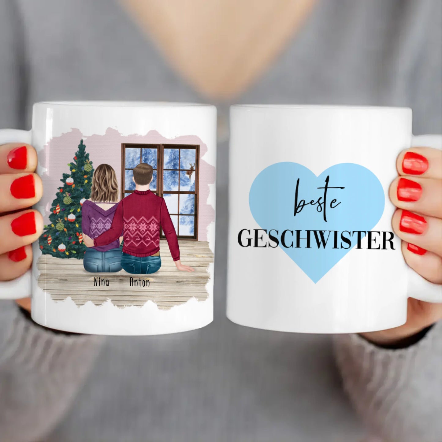 Personalisierte Tasse mit Bruder/Schwester (1 Schwester + 1 Bruder) - Weihnachtstasse