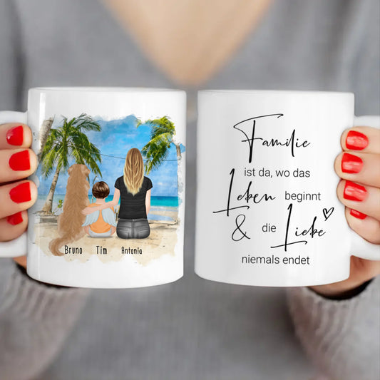 Personalisierte Tasse -  1 Mama + 1 Baby mit Engelsflügeln + 1 Hund