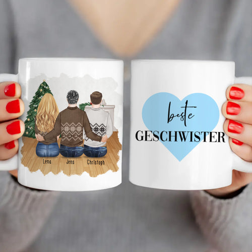 Personalisierte Tasse mit Bruder/Schwester (1 Schwester + 2 Brüder) - Weihnachtstasse