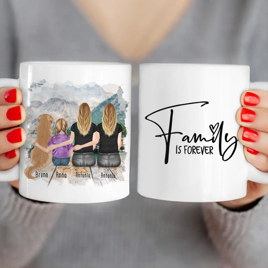 Personalisierte Tasse mit 2 Frauen + 1 Kind + 1 Hund