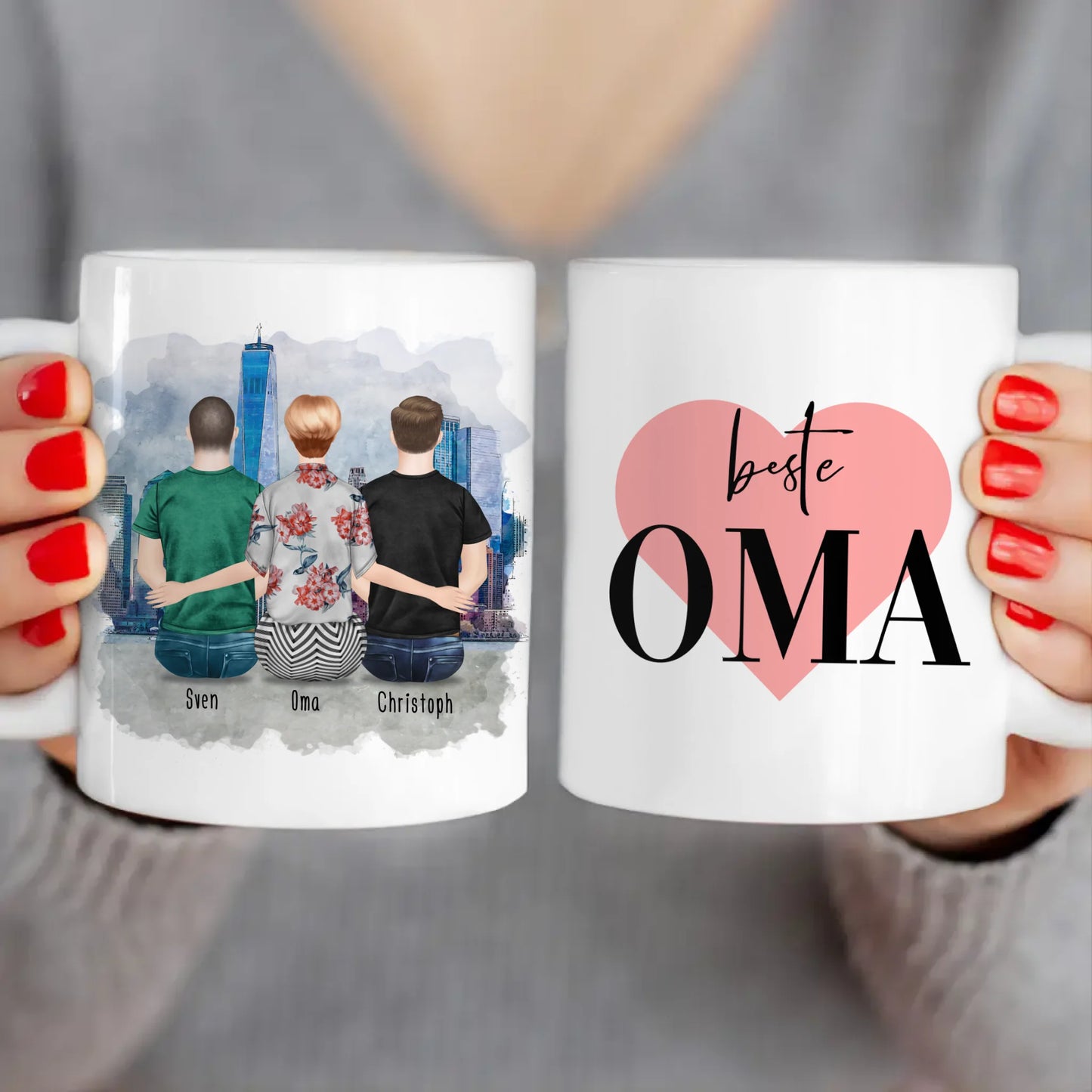 Personalisierte Tasse für Oma (2 Männer + 1 Oma)