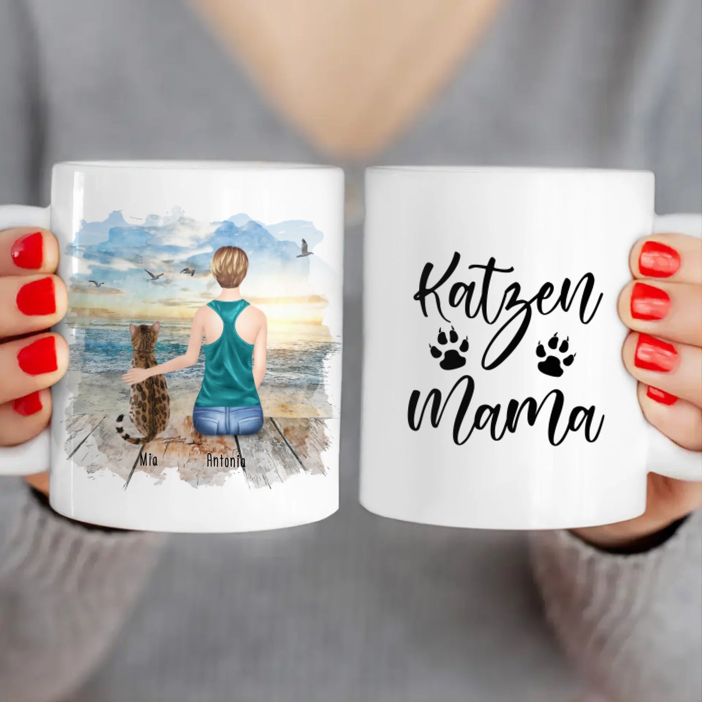 Personalisierte Tasse mit Katze und Frau (1 Katze + 1 Frau)