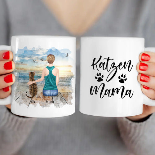 Personalisierte Tasse mit Katze und Frau (1 Katze + 1 Frau)