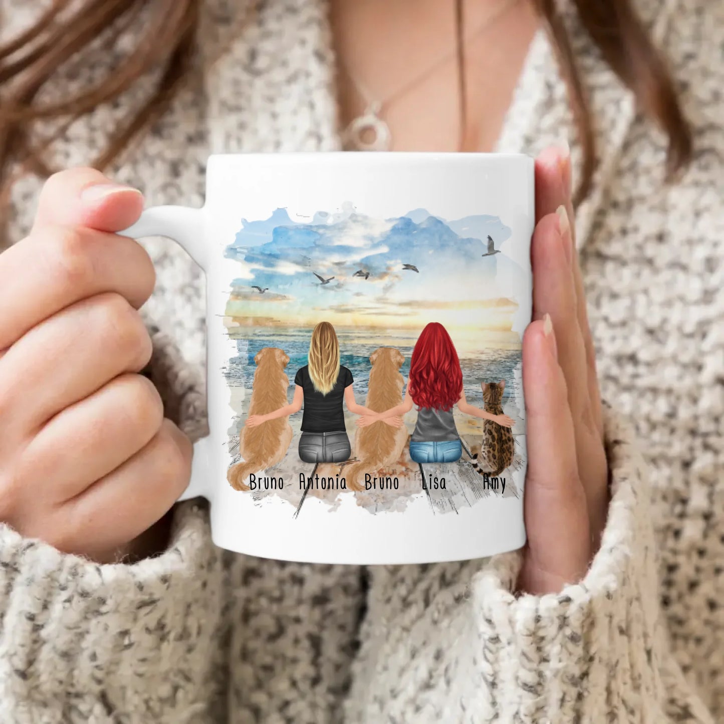 Personalisierte Tasse 2 Frauen + 2 Hunde + 1 Katze