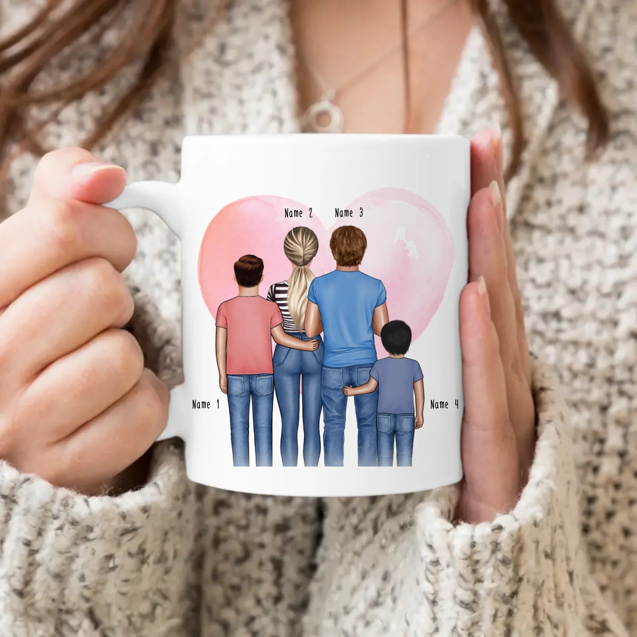 Personalisierte Tasse - Familie + 2 Babys/Kinder/Teenager stehend