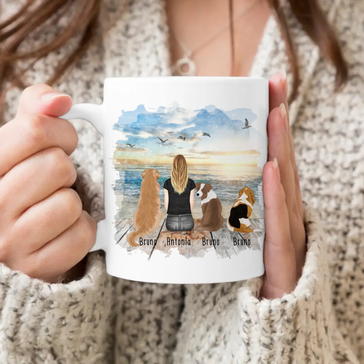 Personalisierte Tasse 1 Frau + 3 Hunde