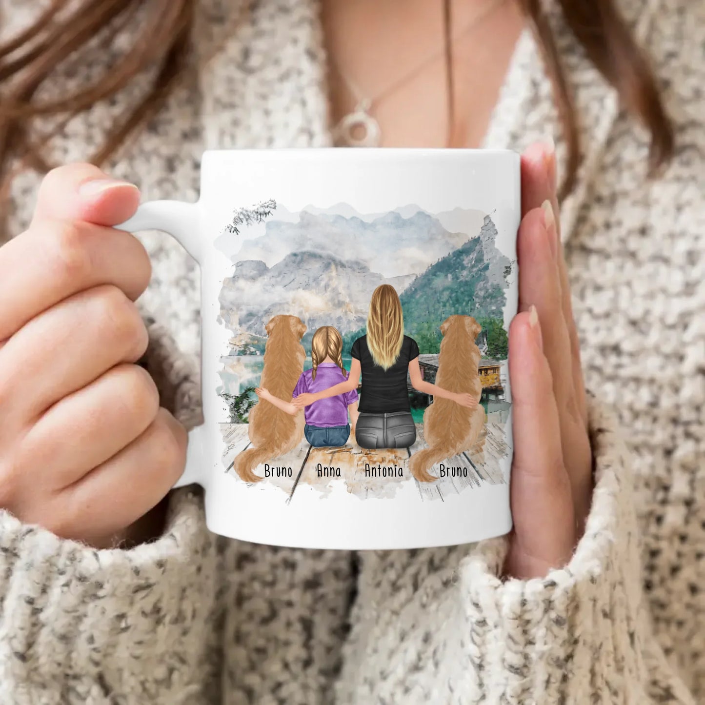 Personalisierte Tasse 1 Frau + 1 Kind + 2 Hunde