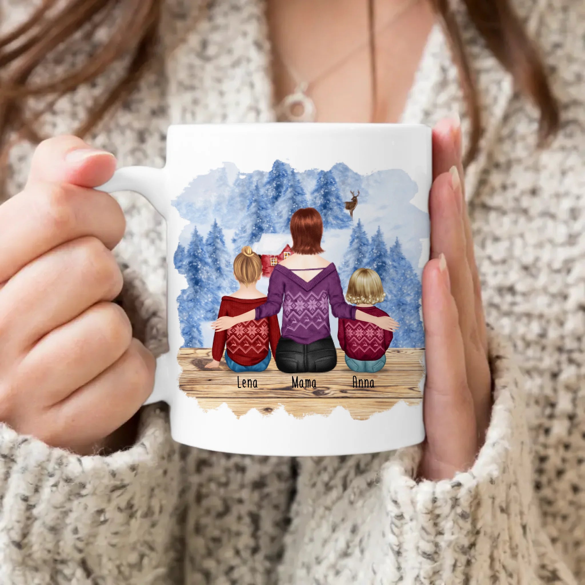 Personalisierte Tasse mit Mutter, Baby und Kind (1 Baby + 1 Kind + 1 Mutter) - Weihnachtstasse