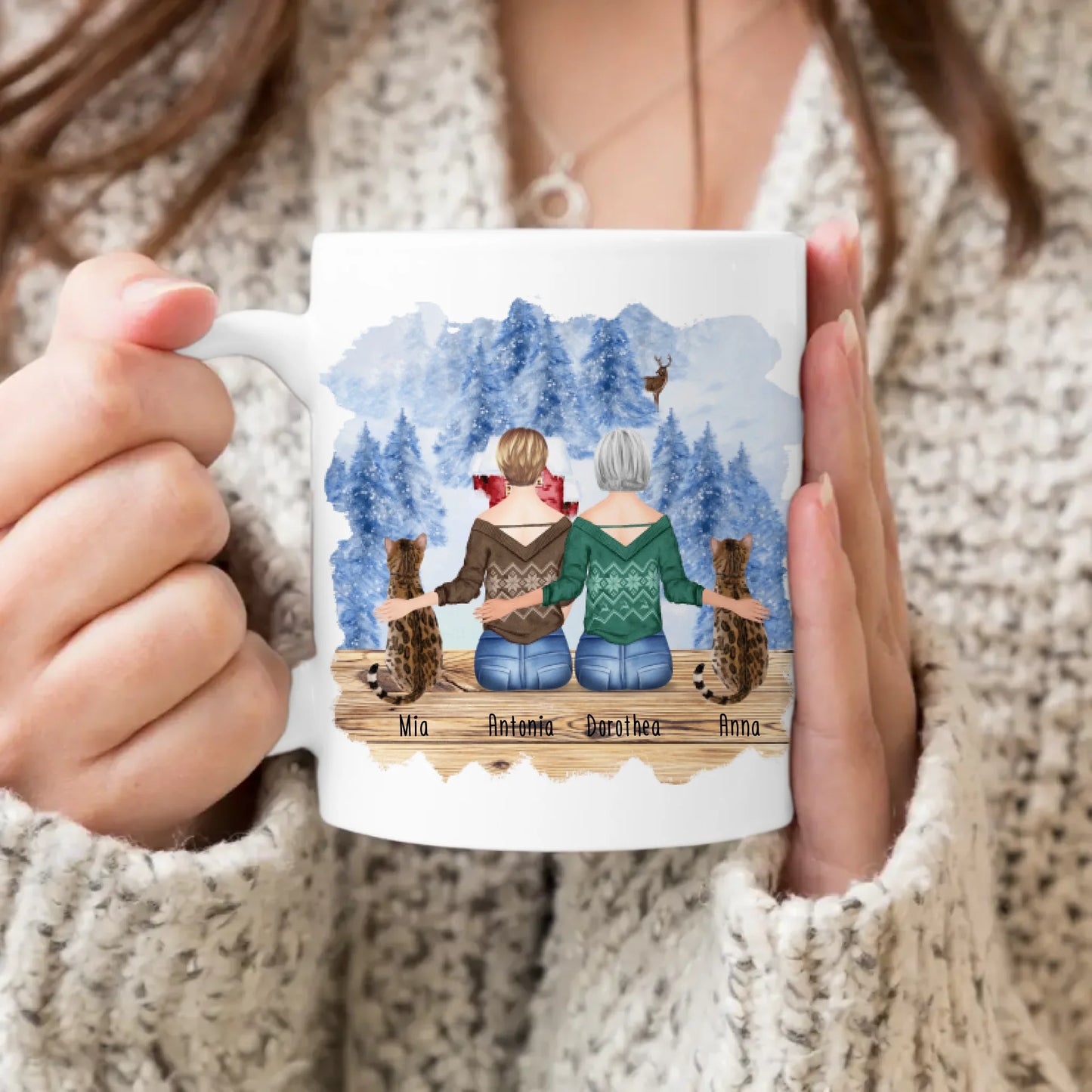 Personalisierte Tasse mit Katzen und Frauen (2 Katzen + 2 Frauen) - Weihnachtstasse