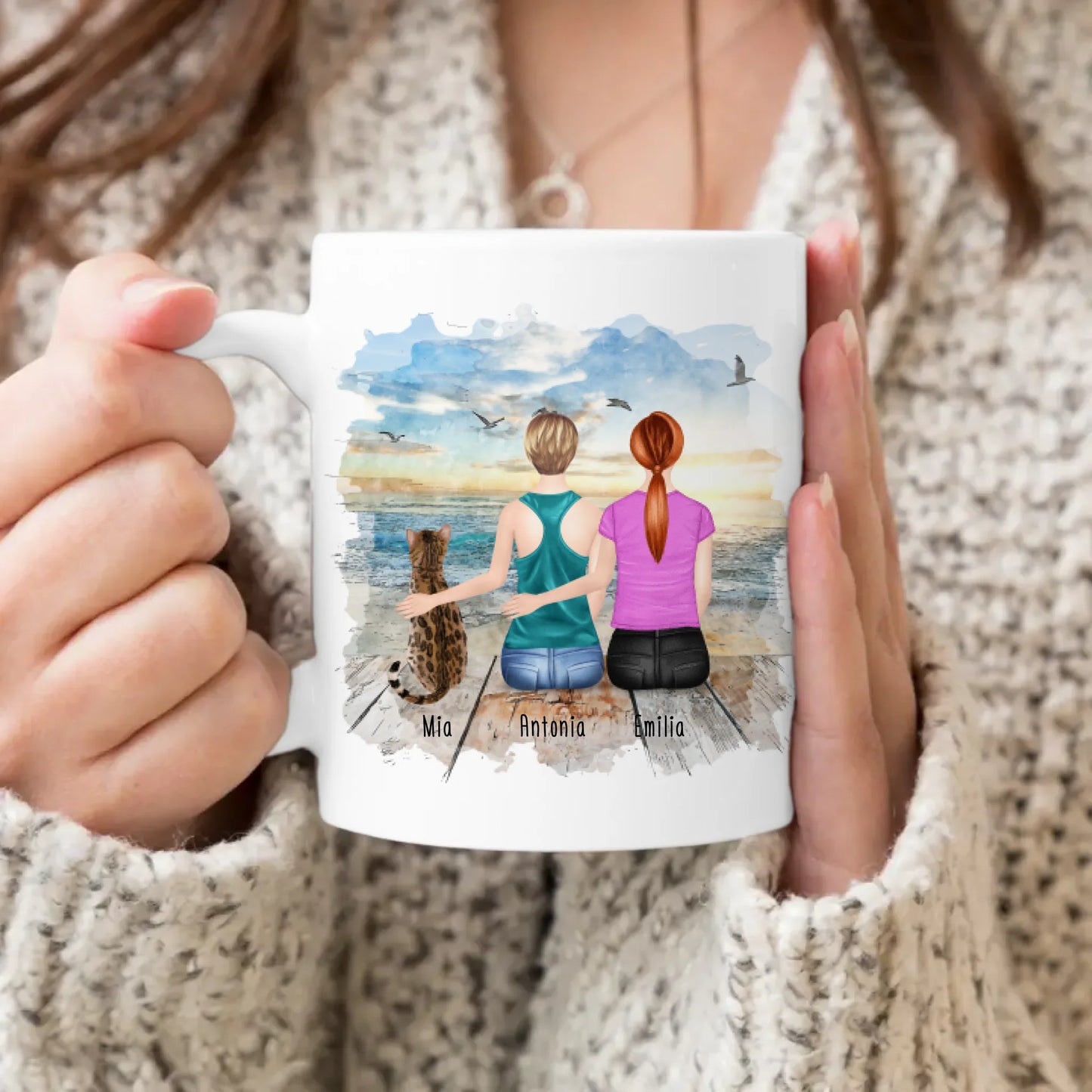 Personalisierte Tasse mit Katze und Frauen (1 Katze + 2 Frauen)