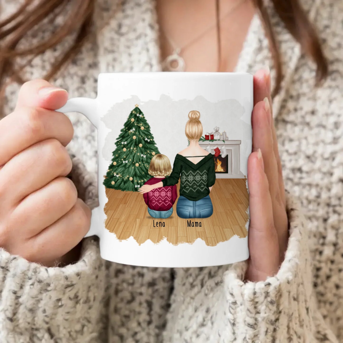 Personalisierte Tasse mit Mutter und Baby (1 Baby + 1 Mutter) - Weihnachtstasse