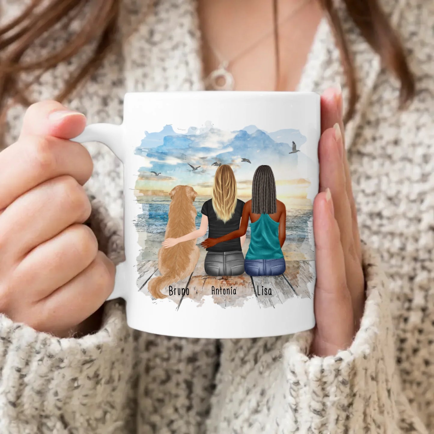 Personalisierte Tasse mit Hund und Frauen (1 Hund + 2 Frauen)