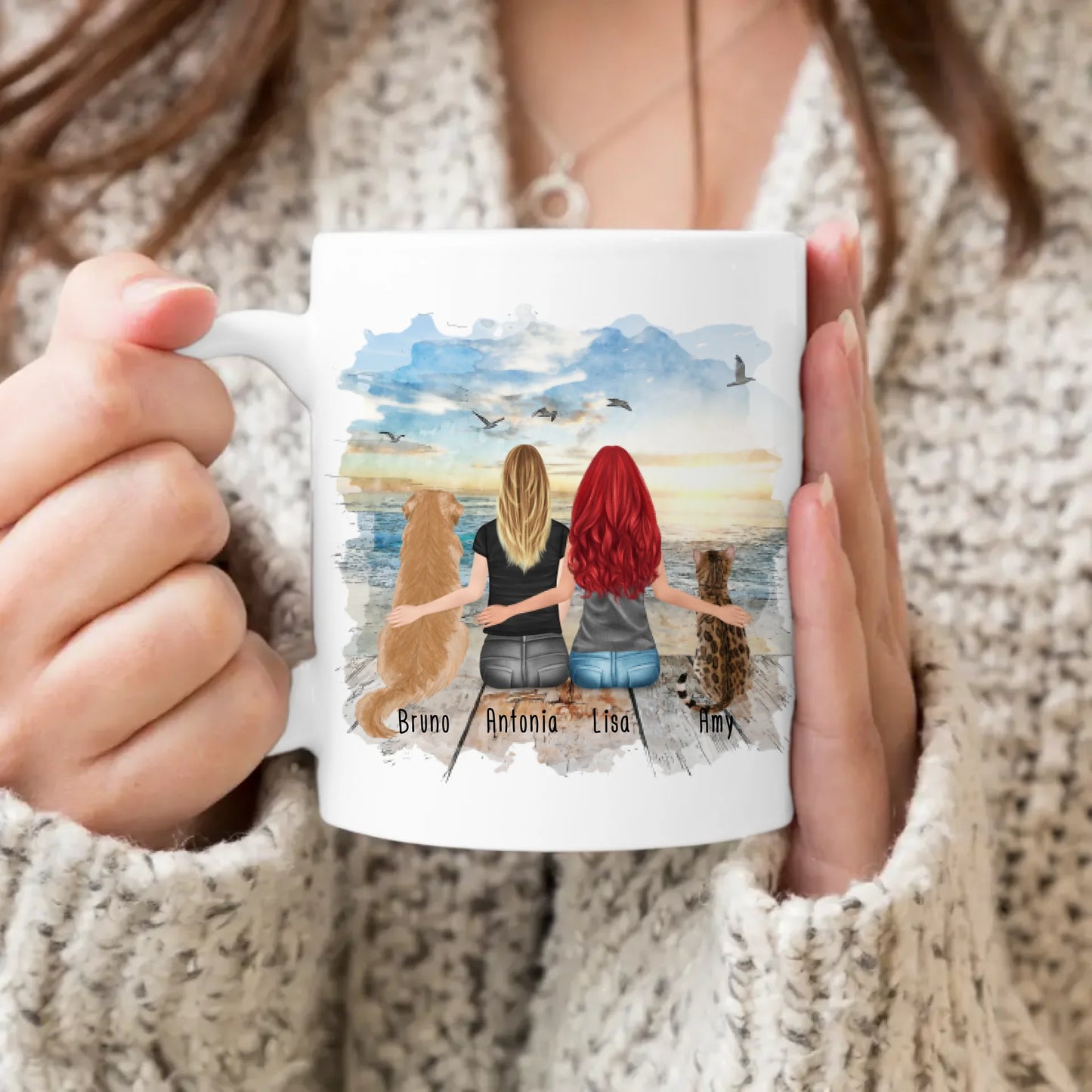 Personalisierte Tasse mit Hund, Katze und Frauen (1 Hund + 1 Katze + 2 Frauen)