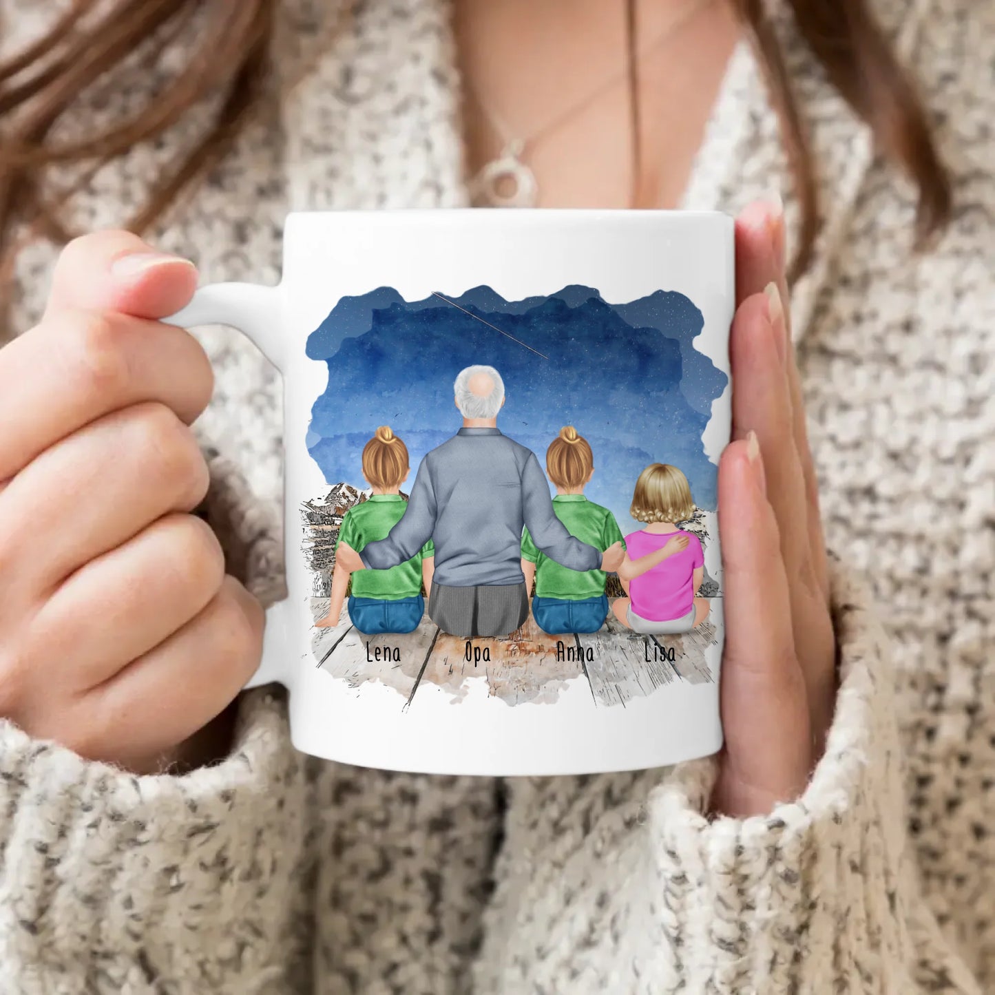 Personalisierte Tasse für Opa (2 Kinder + 1 Baby + 1 Opa)