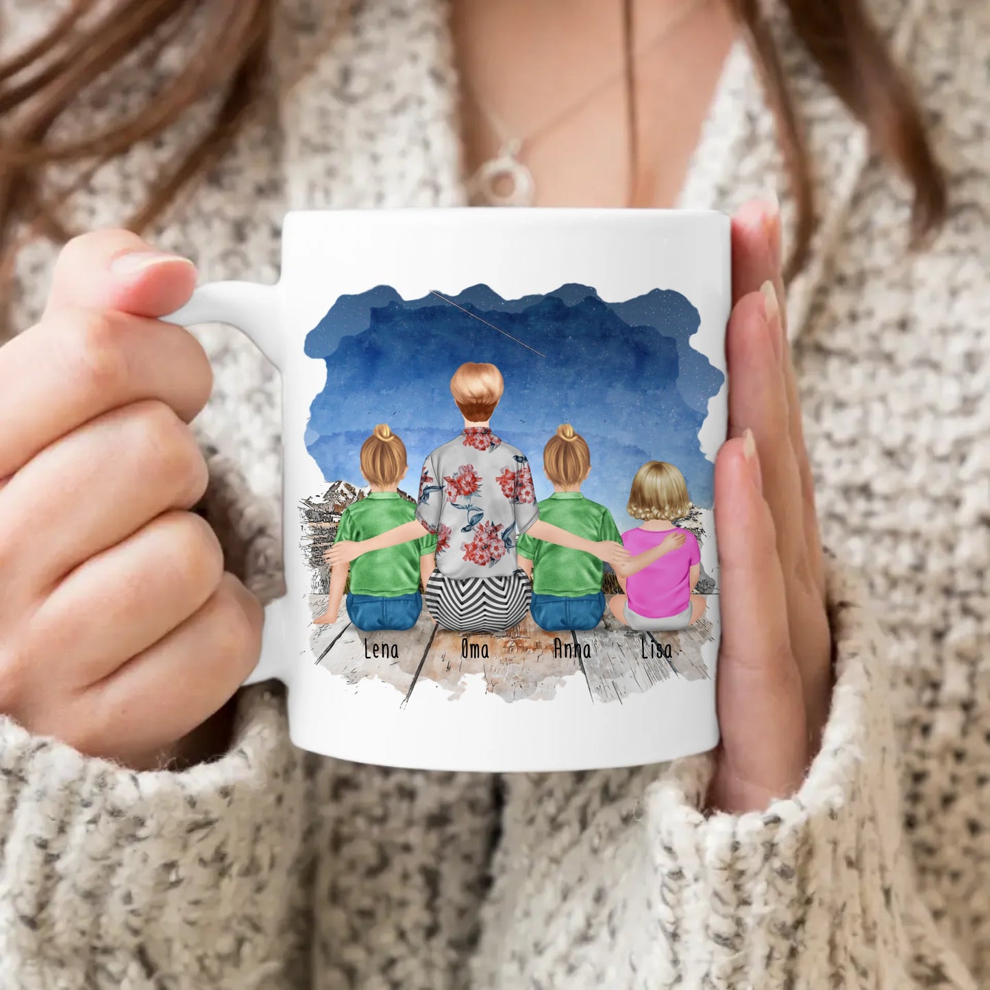 Personalisierte Tasse für Oma (2 Kinder + 1 Baby + 1 Oma)