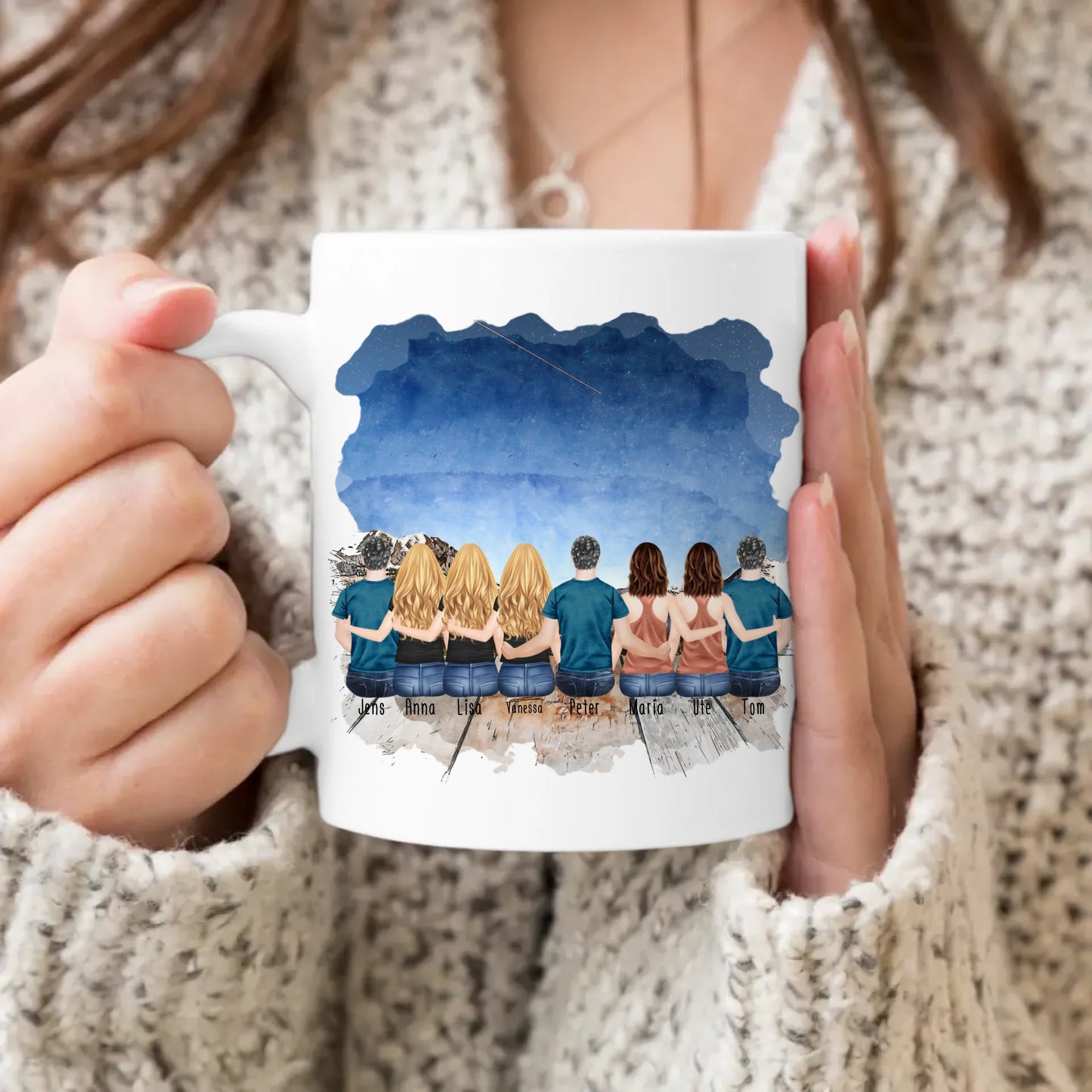 Personalisierte Tasse mit Familie (5 Frauen + 3 Männer)