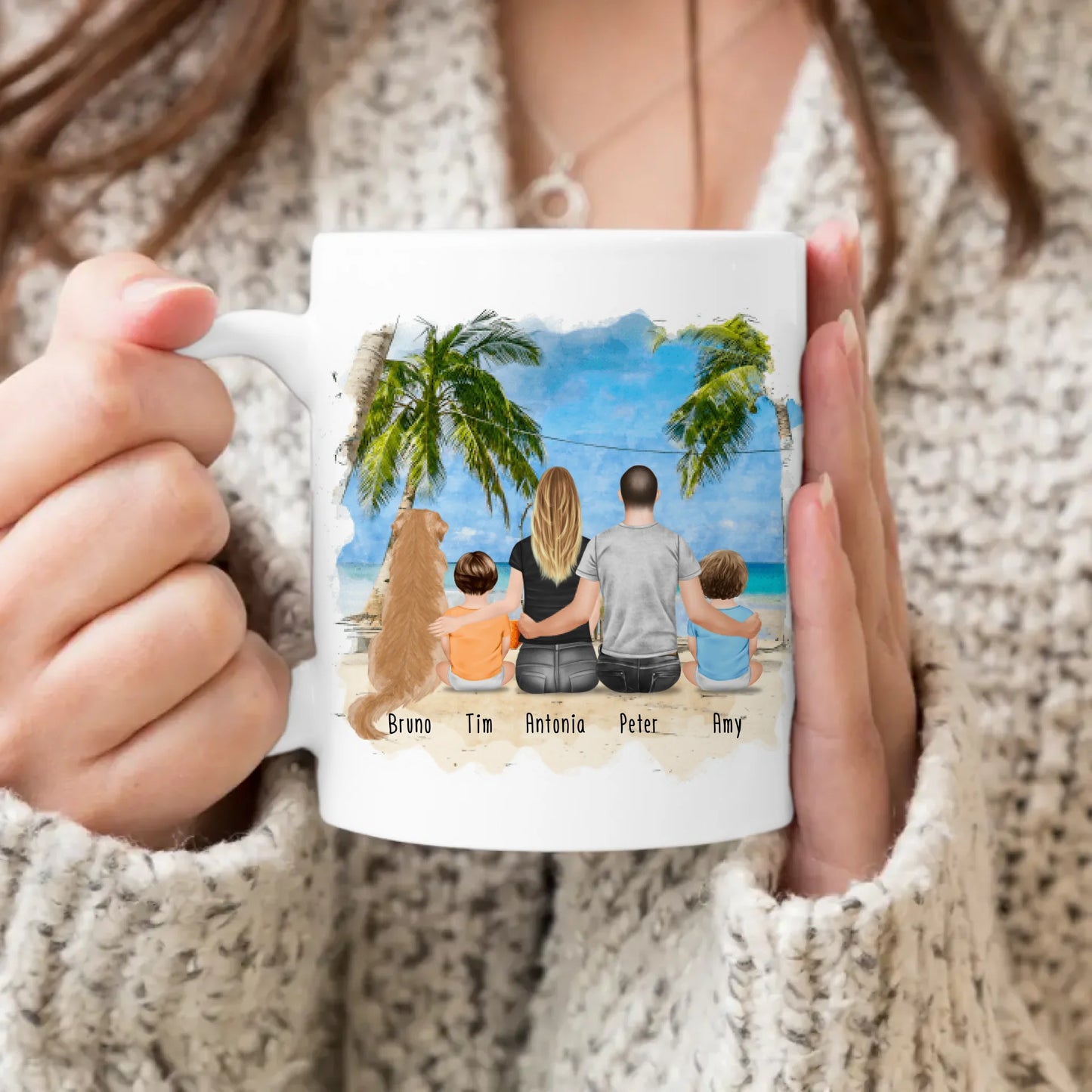 Personalisierte Tasse mit Familie + 1 Hund (2 Babys)