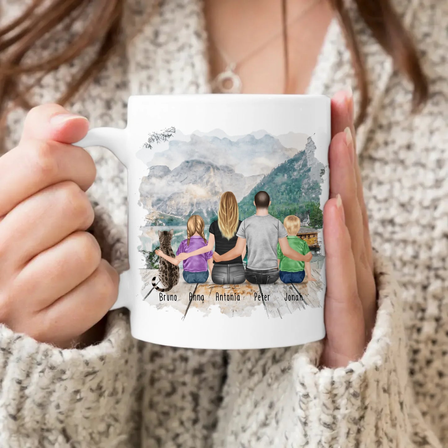 Personalisierte Tasse mit Familie + 1 Katze (2 Kinder)