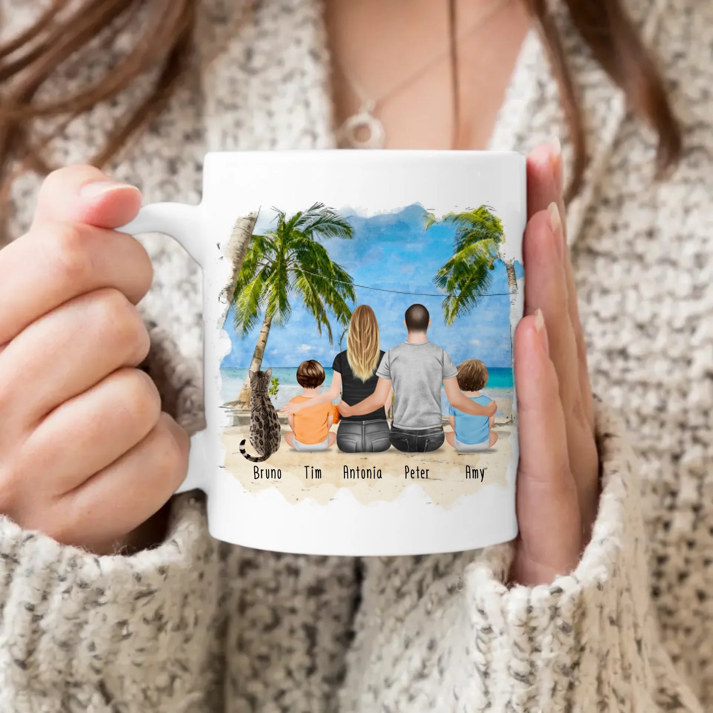 Personalisierte Tasse mit Familie + 1 Katze (2 Babys)