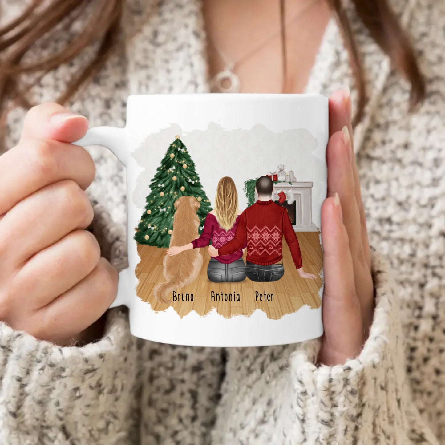 Personalisierte Tasse mit Pärchen und 1 Hund - Weihnachtstasse