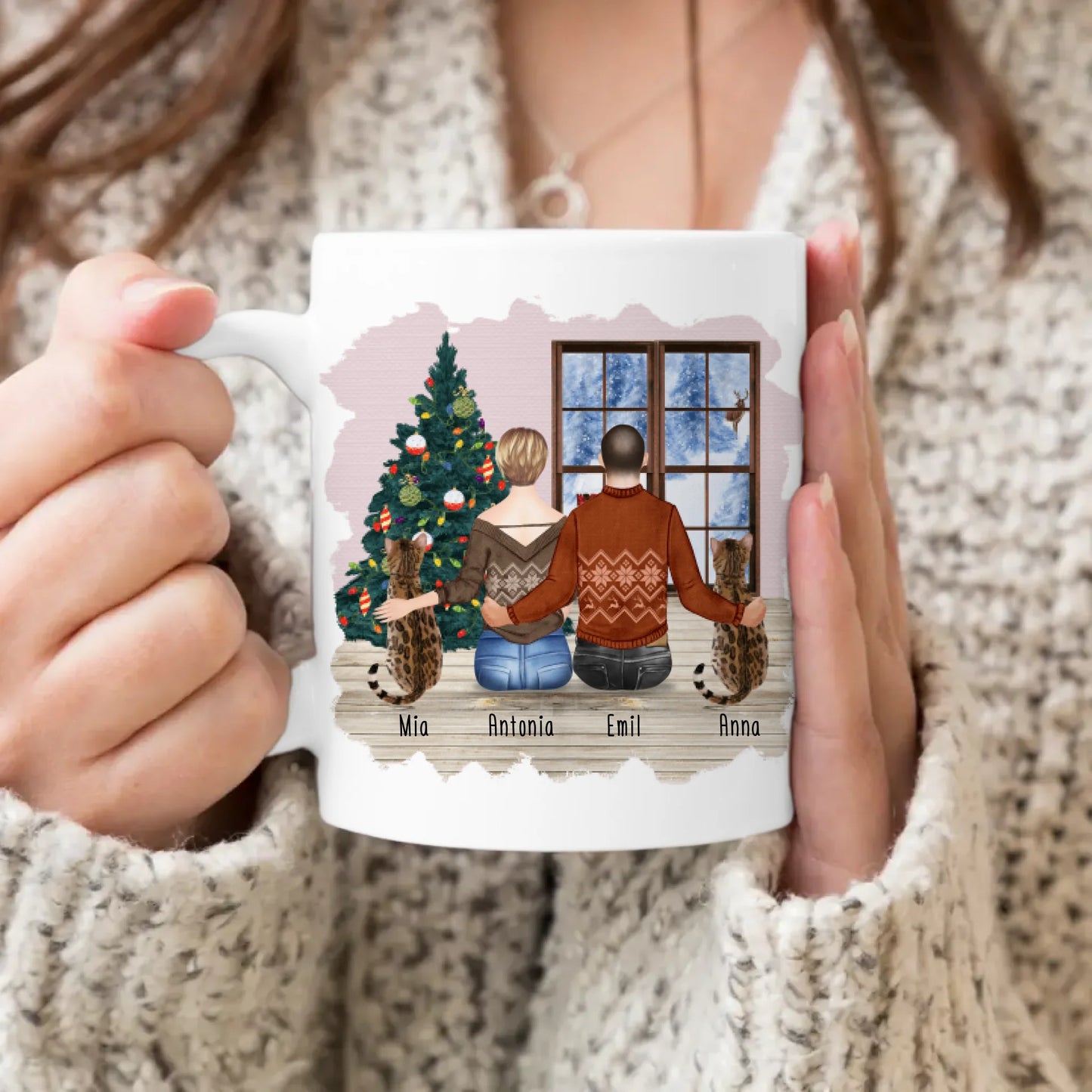 Personalisierte Tasse mit Pärchen und 2 Katzen - Weihnachtstasse