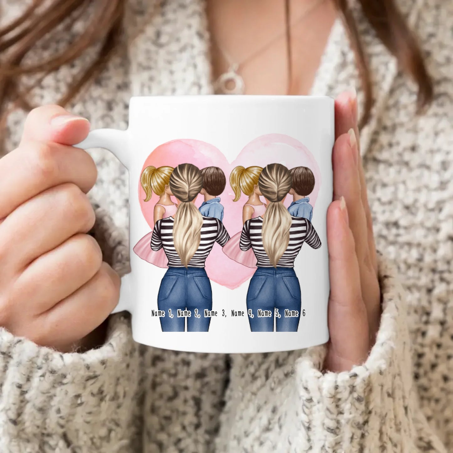 Personalisierte Tasse 2 Frauen mit je 1 Kind & 1 Baby