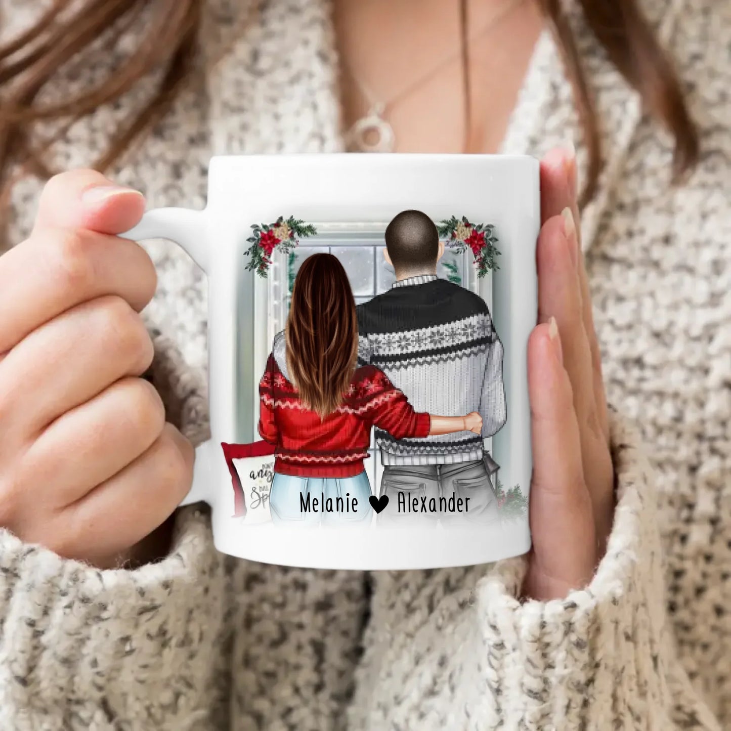 Personalisierte Tasse mit Paar in Weihnachtspullovern (stehend) - Pärchen Tasse - Weihnachtstasse