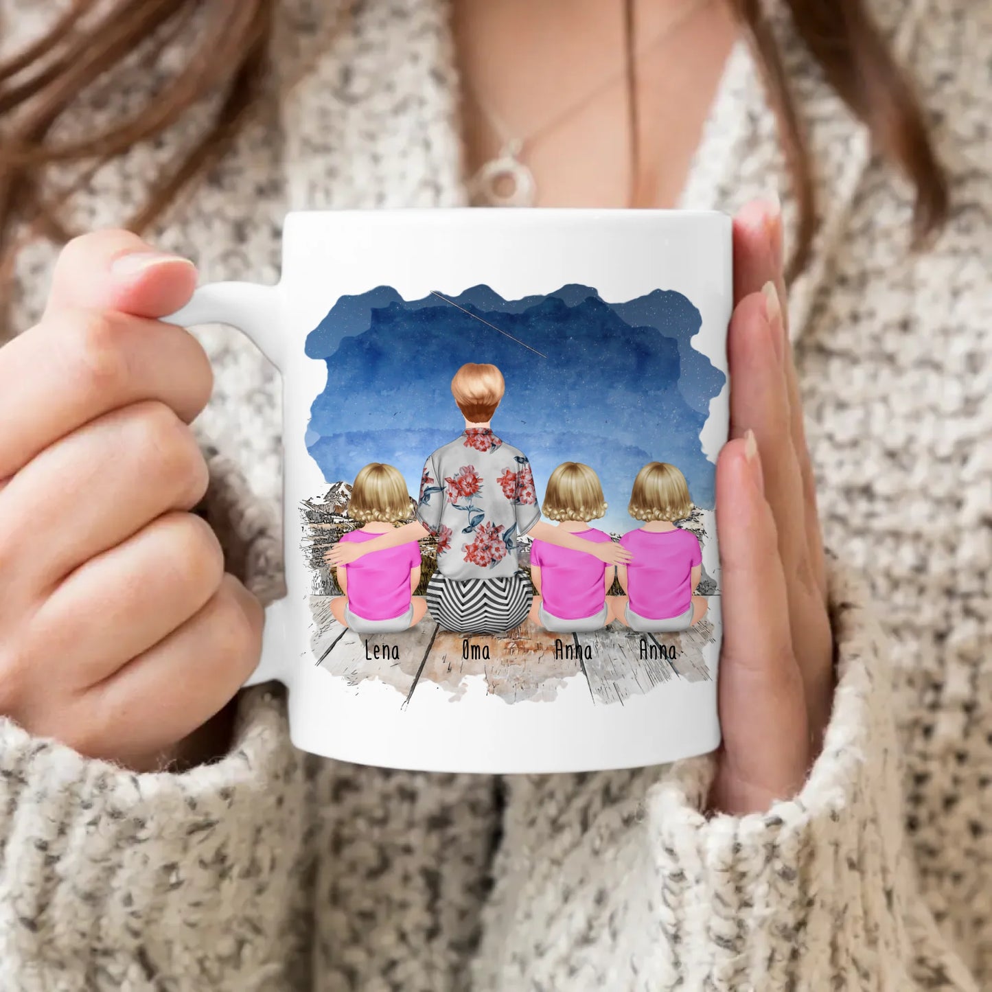 Personalisierte Tasse für Oma (3 Babys + 1 Oma)