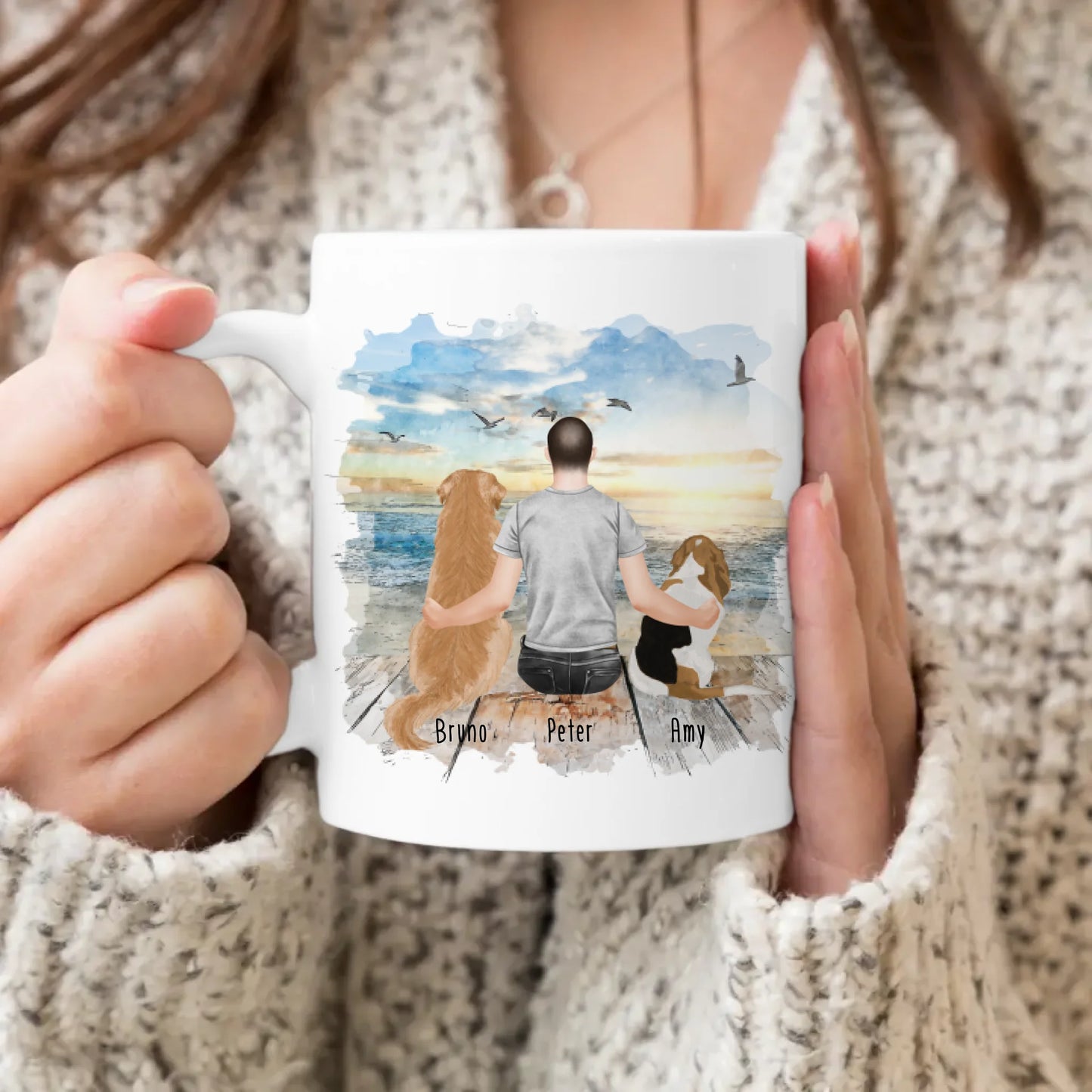 Personalisierte Tasse mit Hund und Mann (2 Hunde + 1 Mann)