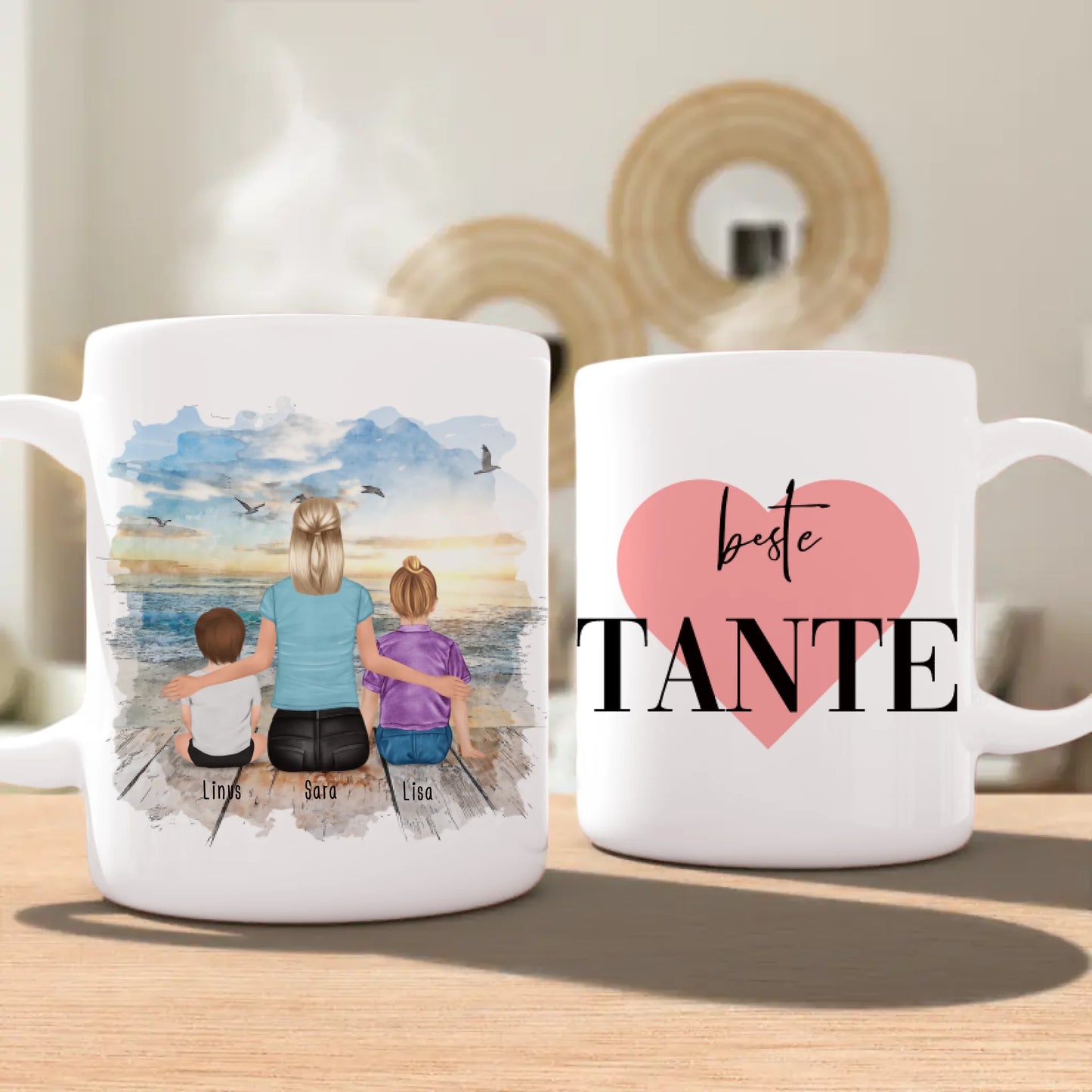 Personalisierte Tasse mit Tante (1 Baby + 1 Kind + 1 Tante)