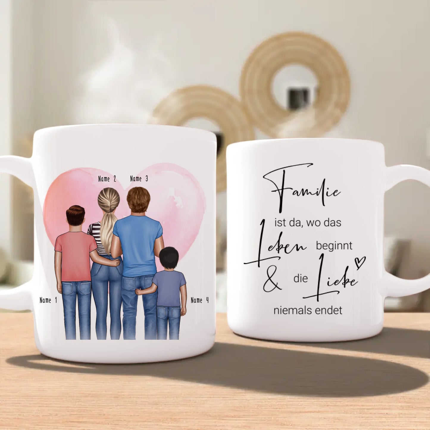 Personalisierte Tasse - Familie + 2 Babys/Kinder/Teenager stehend