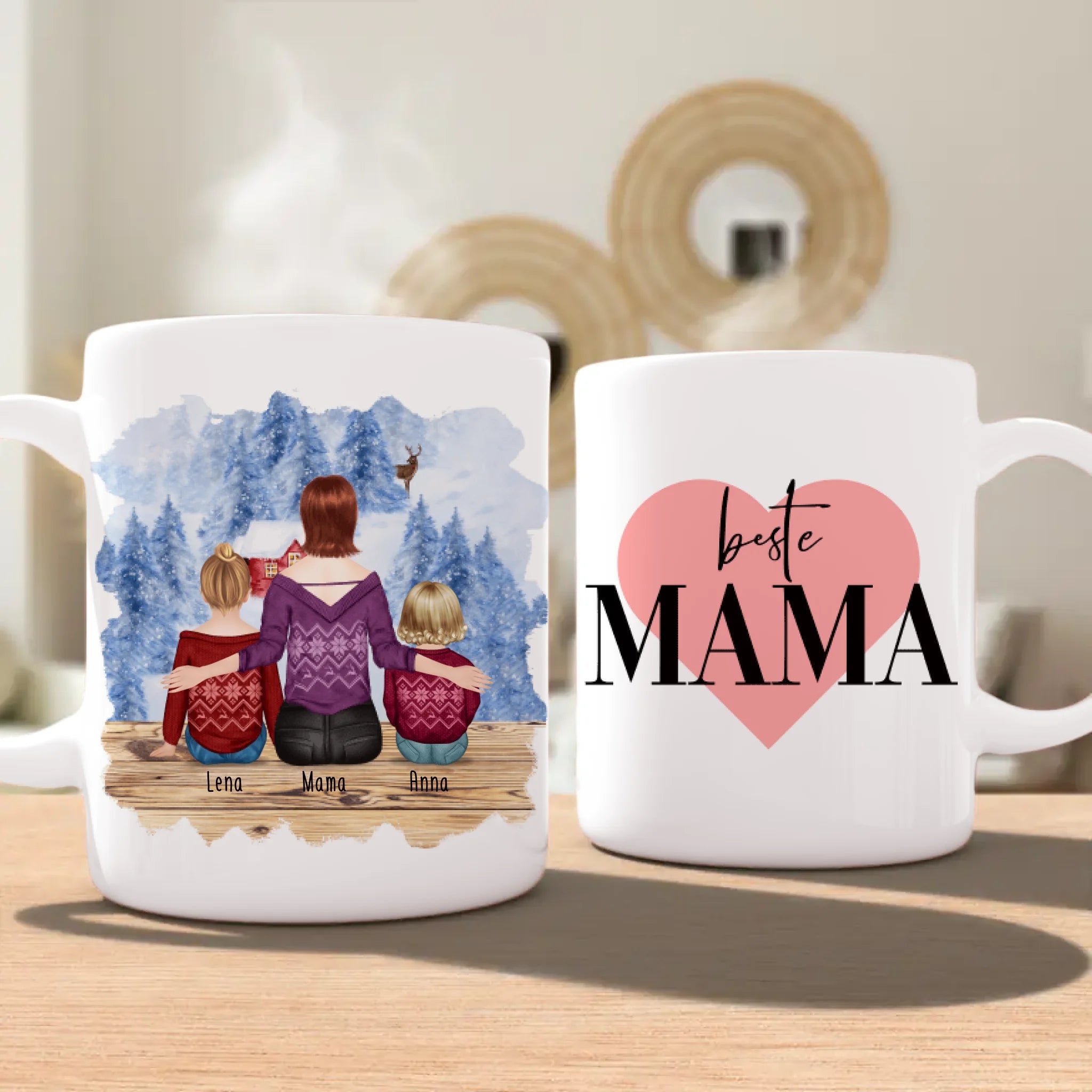 Personalisierte Tasse mit Mutter, Baby und Kind (1 Baby + 1 Kind + 1 Mutter) - Weihnachtstasse