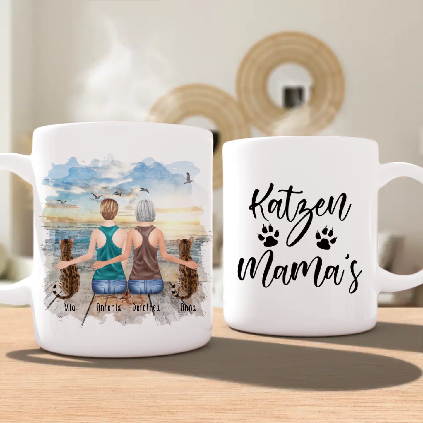 Personalisierte Tasse mit Katzen und Frauen (2 Katzen + 2 Frauen)