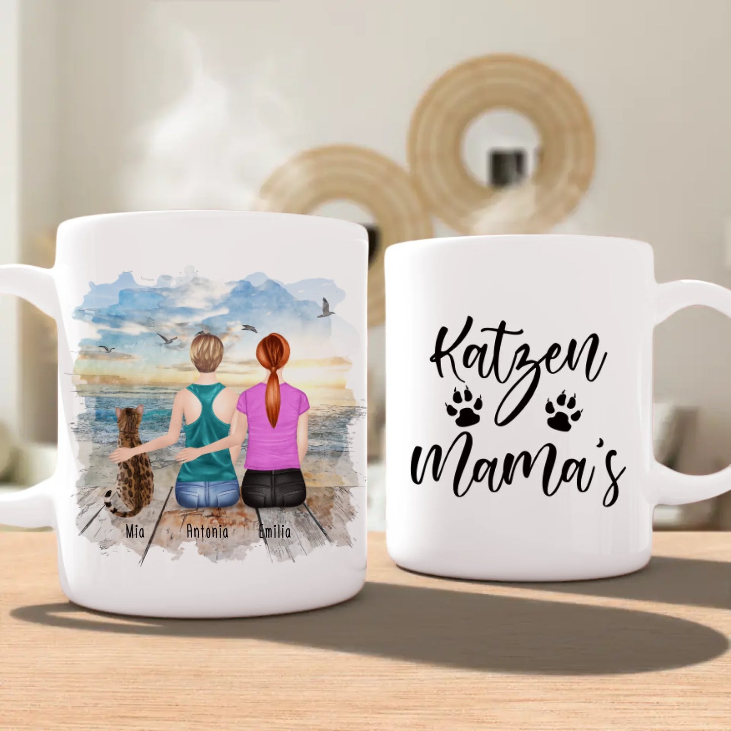 Personalisierte Tasse mit Katze und Frauen (1 Katze + 2 Frauen)