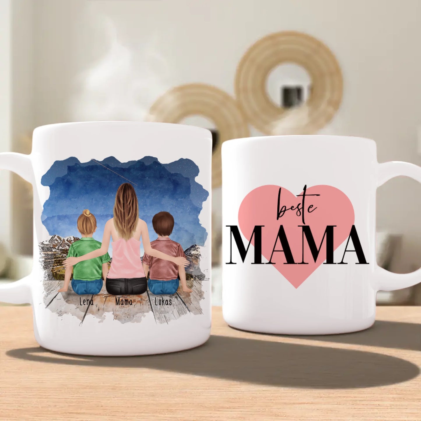 Personalisierte Tasse mit Mutter und Kindern (2 Kinder + 1 Mutter)