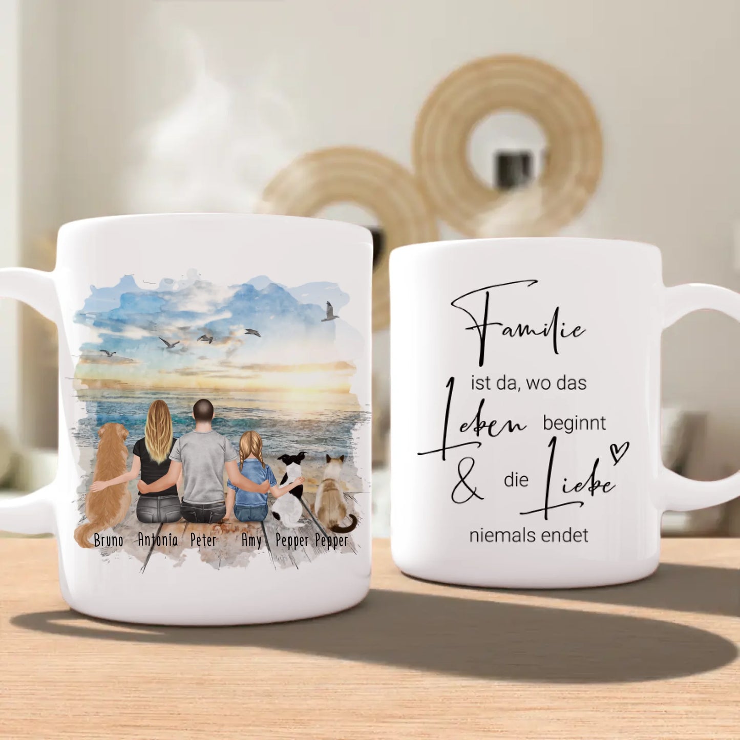 Personalisierte Tasse mit Familie + 2 Hunde + 1 Katze (1 Kind)