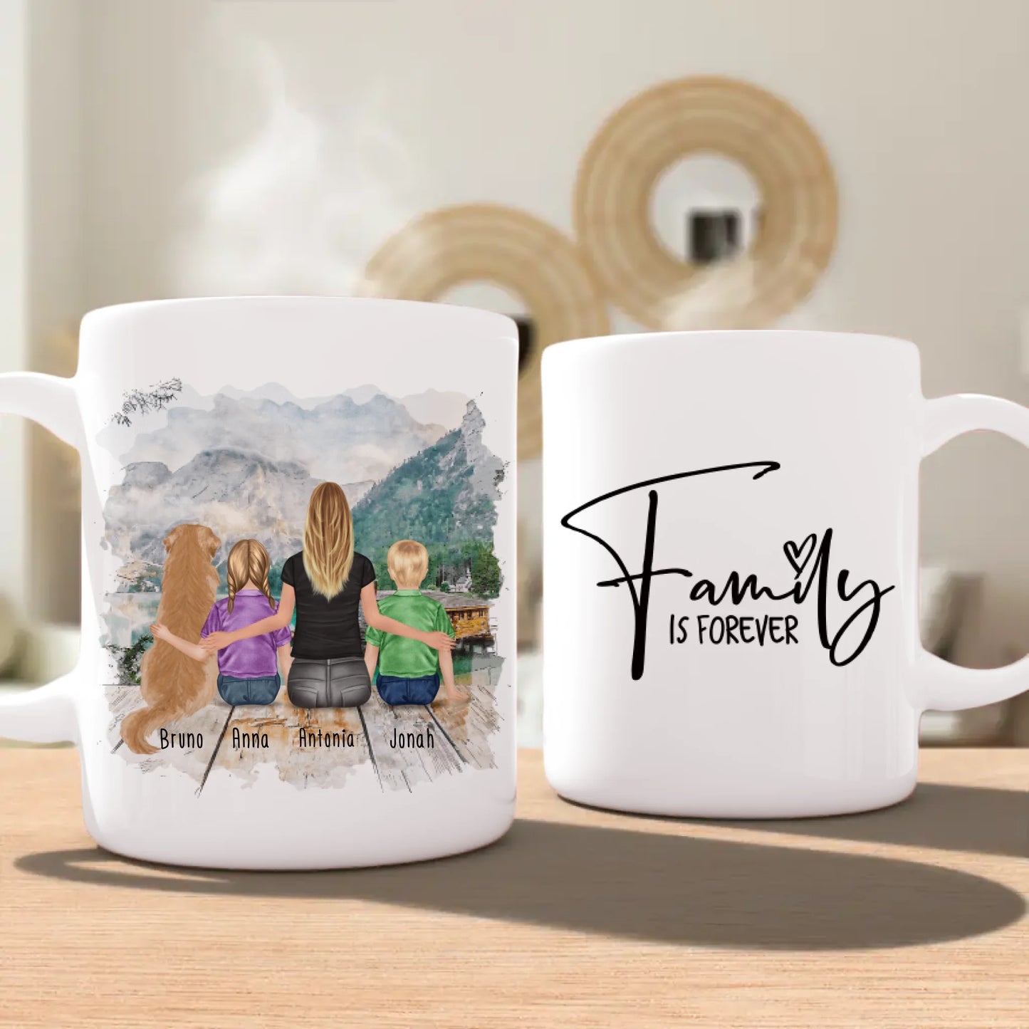 Personalisierte Tasse mit 1 Frau + 2 Kindern + 1 Hund