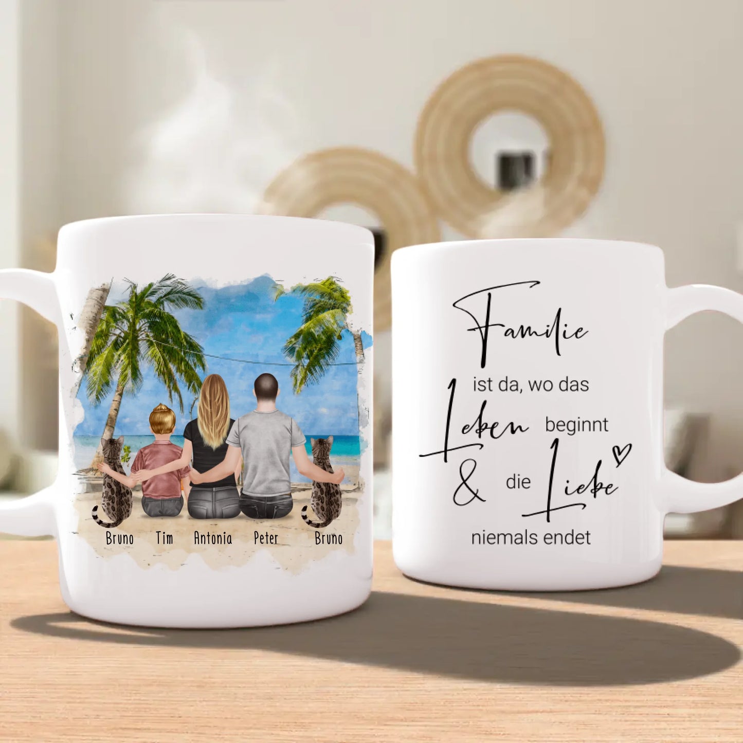 Personalisierte Tasse mit Familie + 2 Katzen (1 Kind)