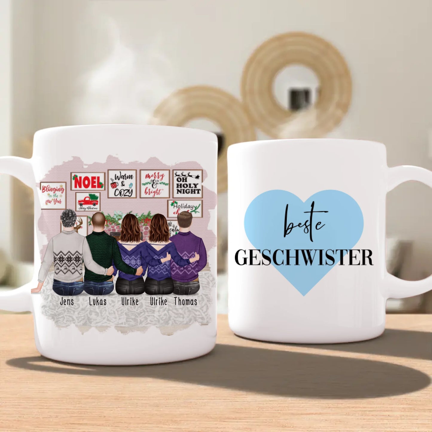 Personalisierte Tasse mit Bruder/Schwester (2 Schwestern + 3 Brüder) - Weihnachtstasse