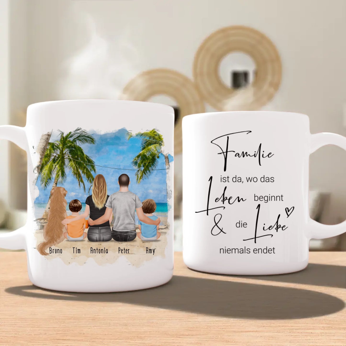 Personalisierte Tasse mit Familie + 1 Hund (2 Babys)