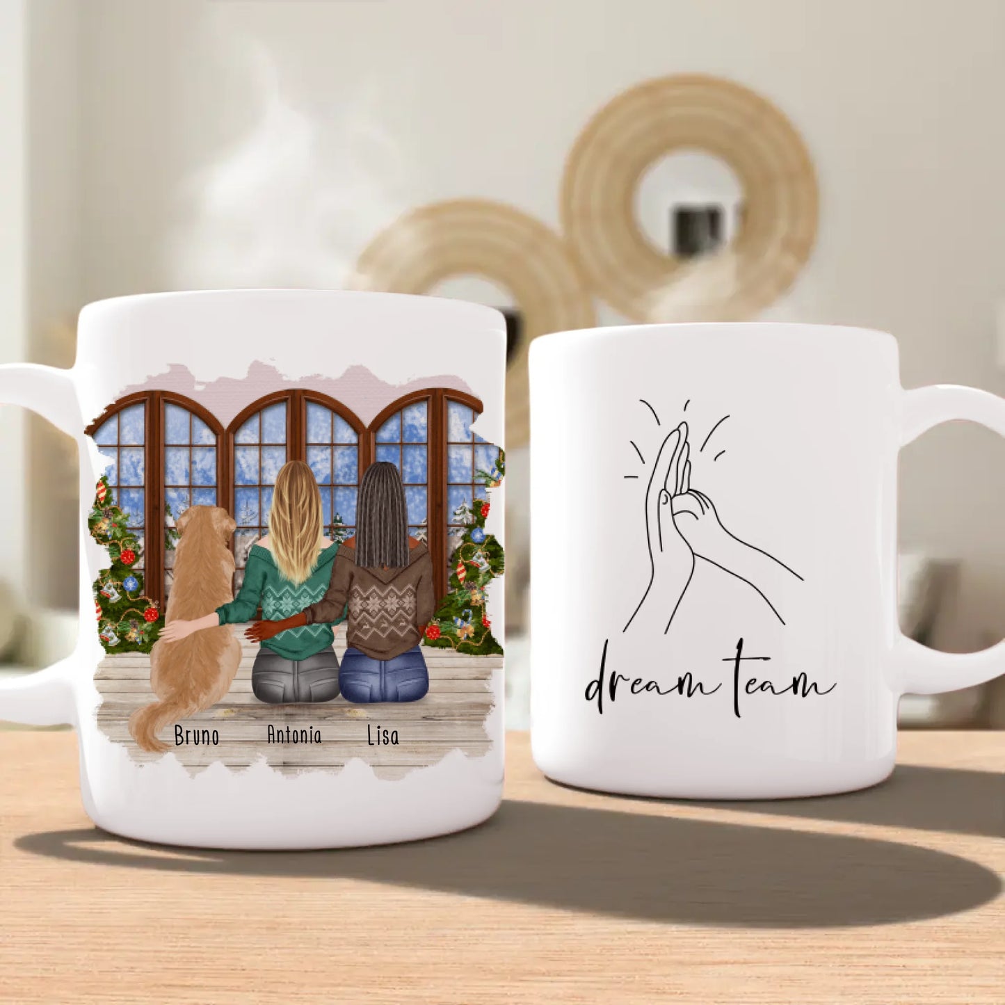 Personalisierte Tasse mit Hund und Frauen (1 Hund + 2 Frauen) - Weihnachtstasse