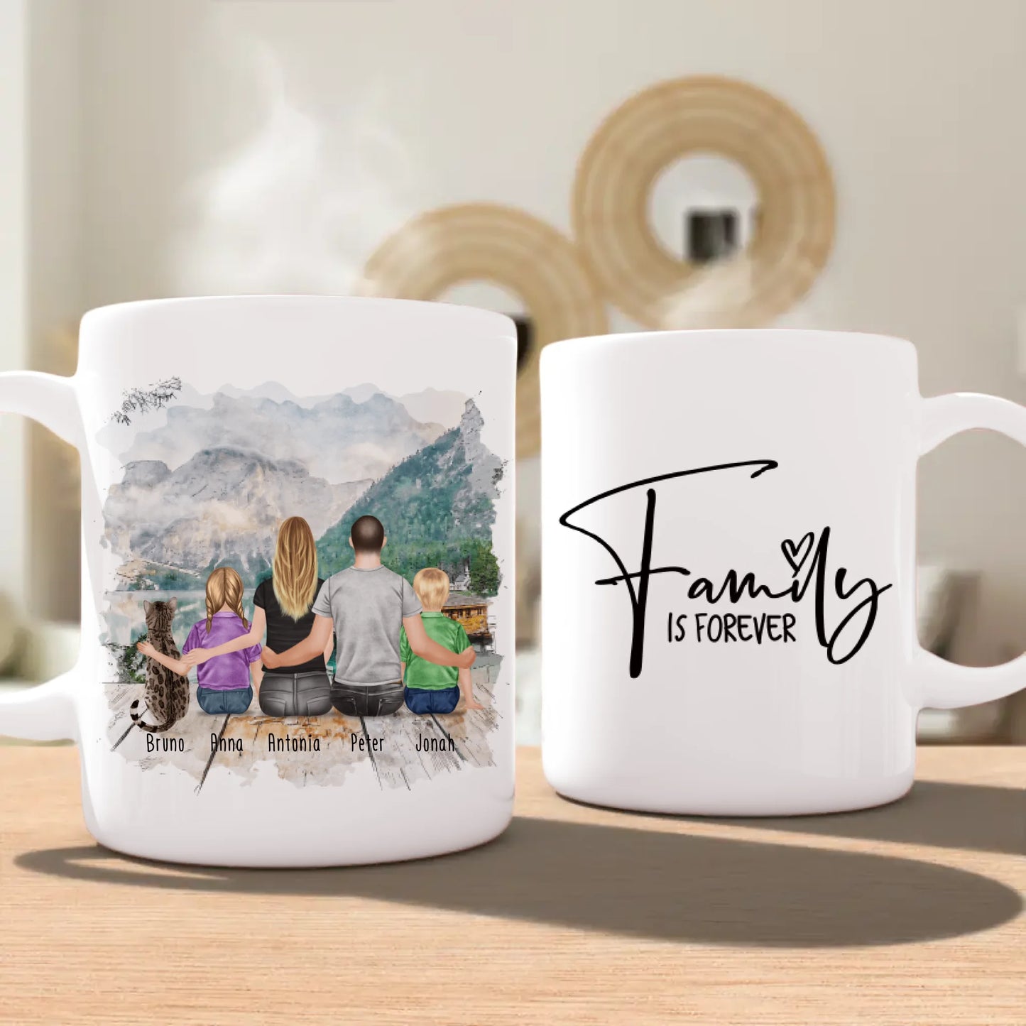 Personalisierte Tasse mit Familie + 1 Katze (2 Kinder)