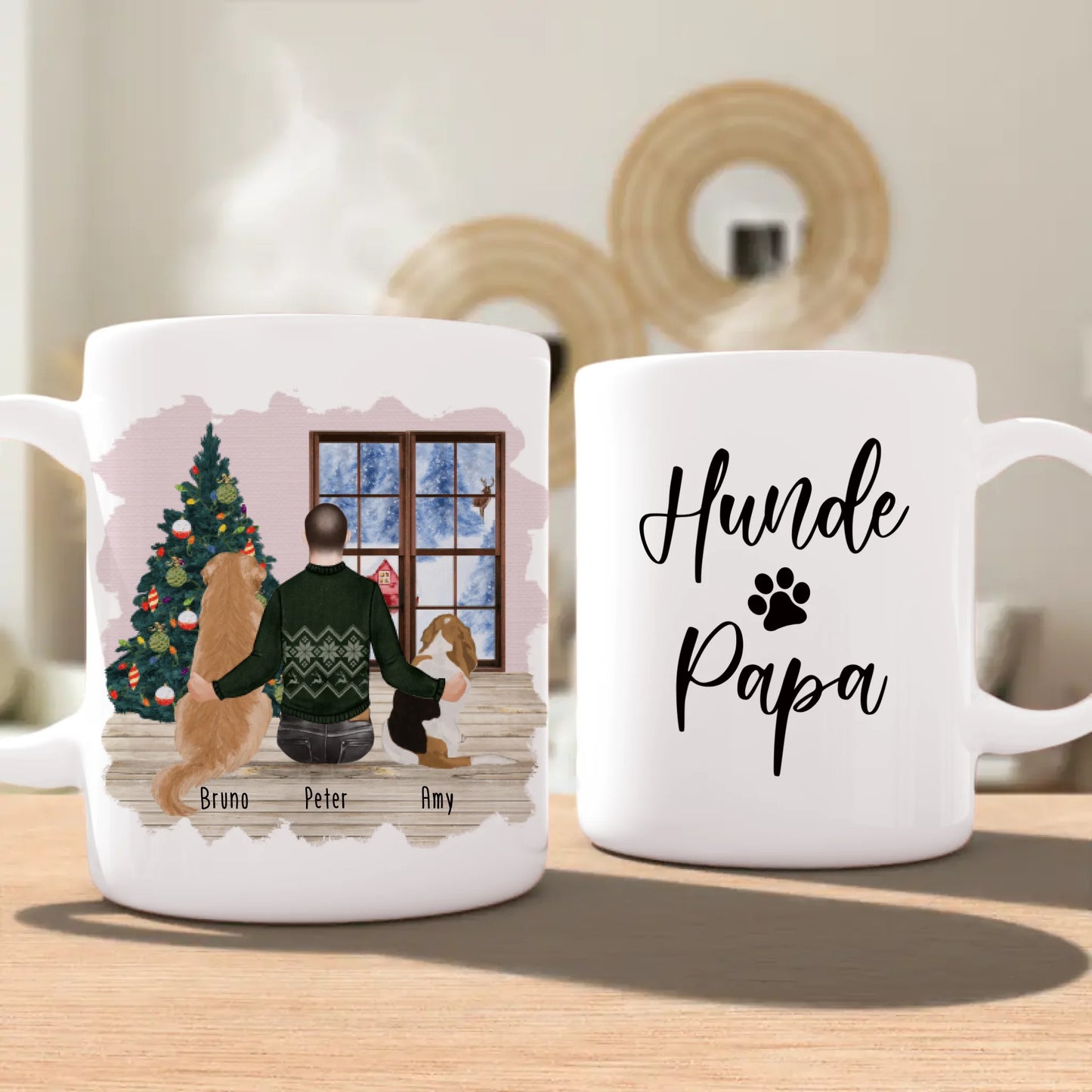 Personalisierte Tasse mit Hund und Mann (2 Hunde + 1 Mann) - Weihnachtstasse