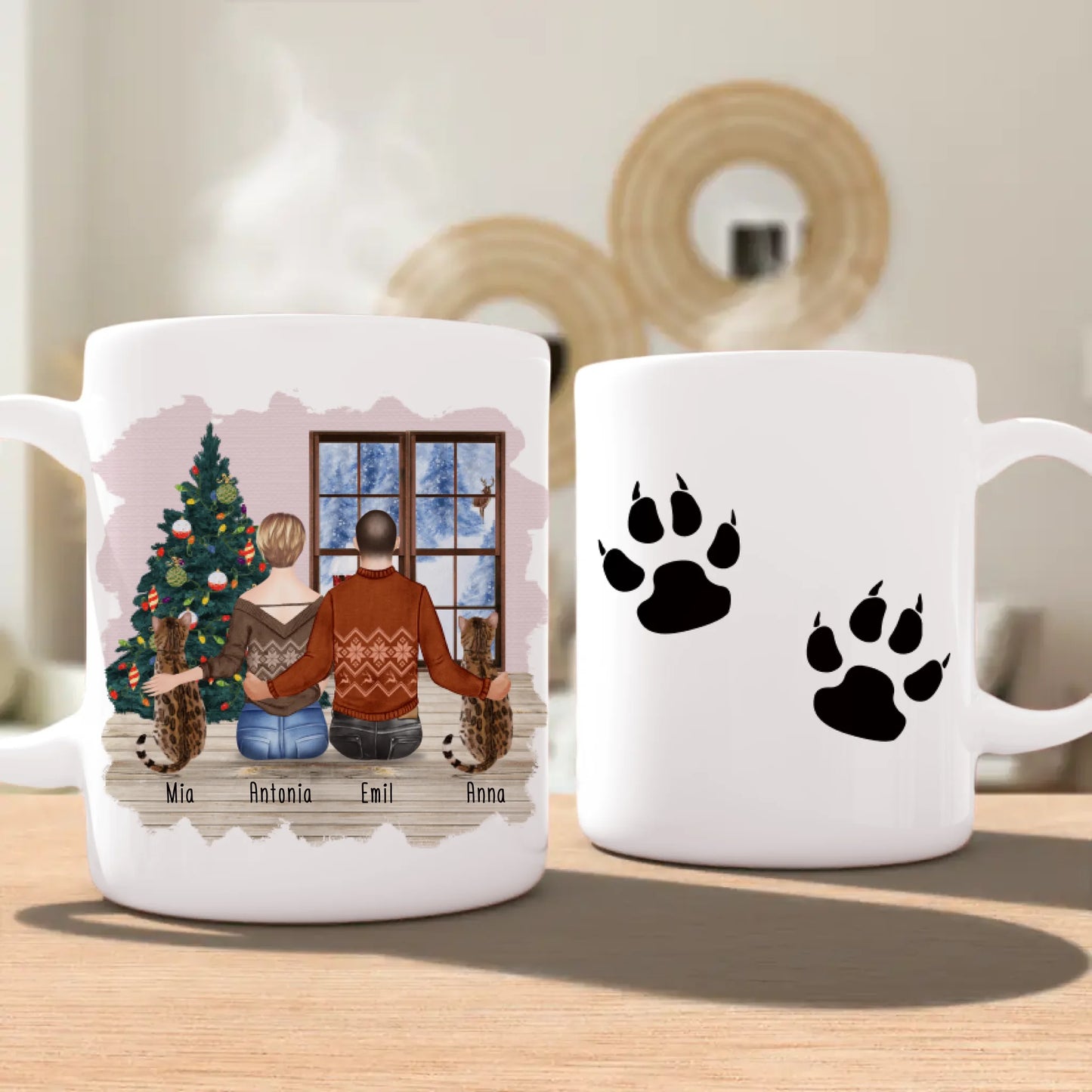 Personalisierte Tasse mit Pärchen und 2 Katzen - Weihnachtstasse