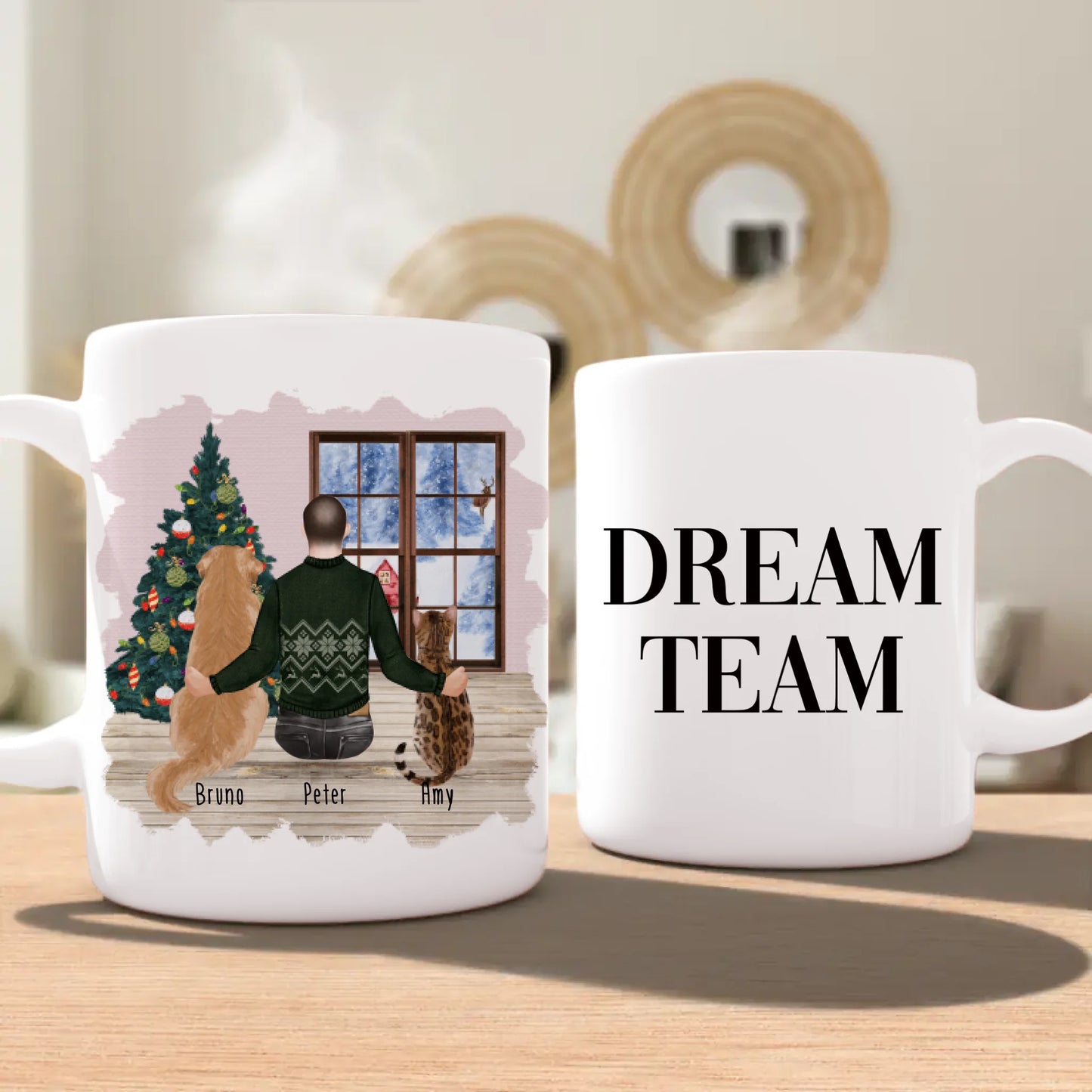 Personalisierte Tasse mit Hund, Katze und Mann (1 Hund + 1 Katze + 1 Mann) - Weihnachtstasse