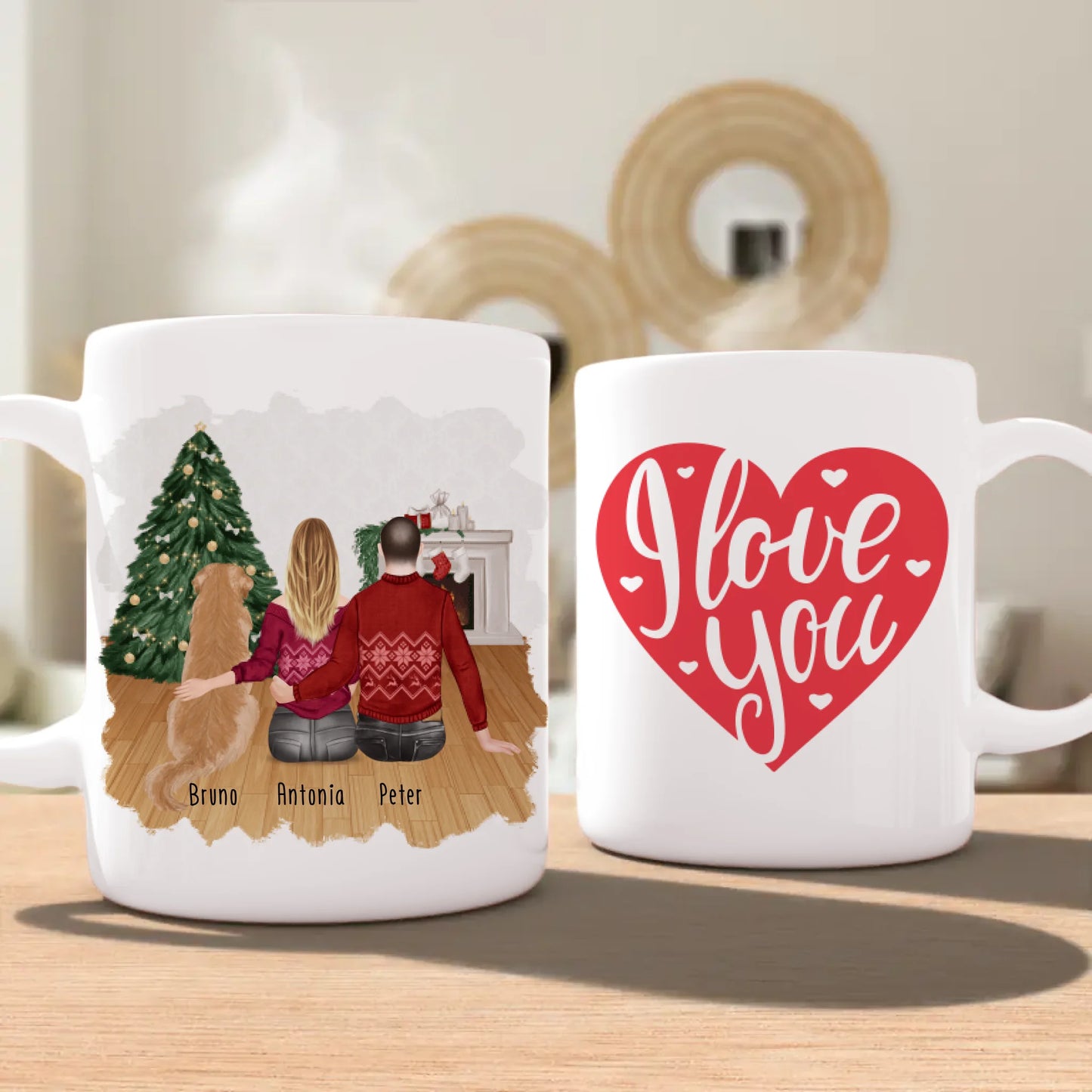 Personalisierte Tasse mit Pärchen und 1 Hund - Weihnachtstasse