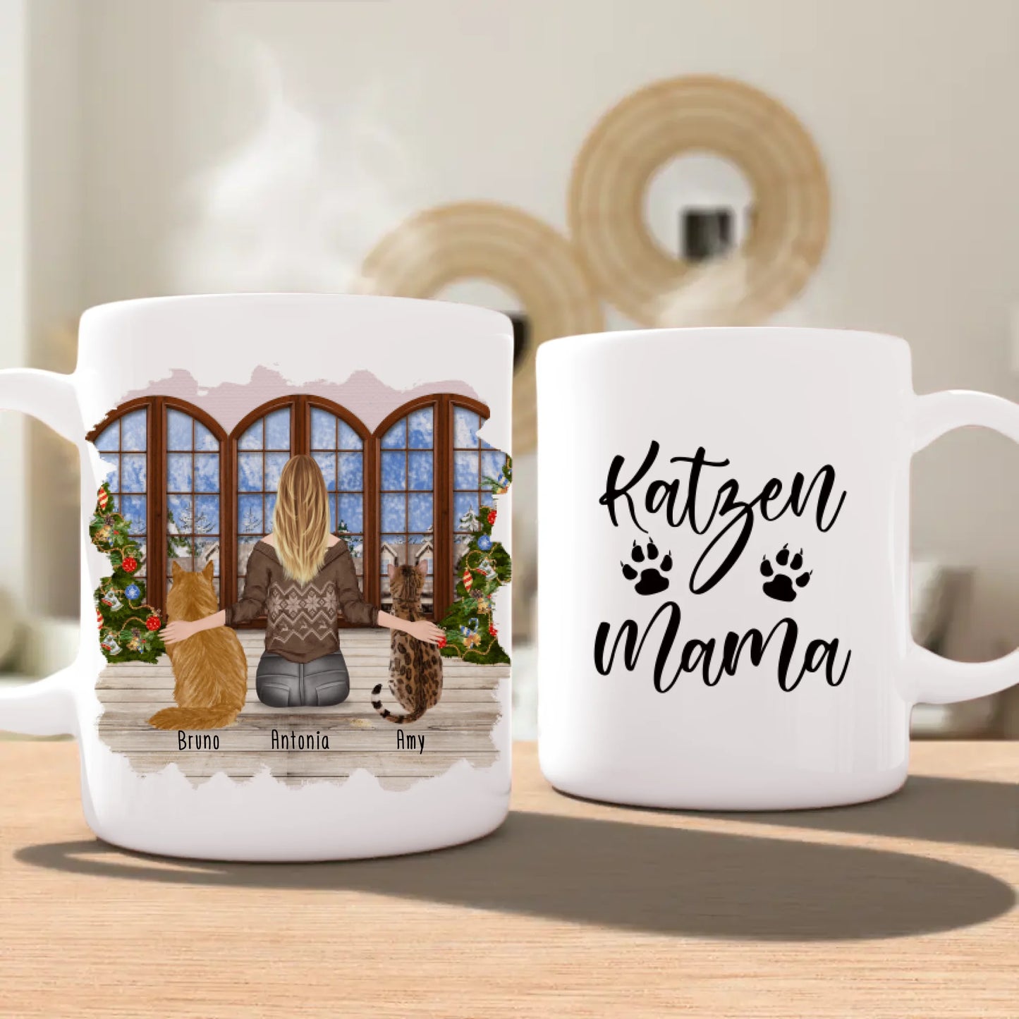 Personalisierte Tasse mit Katze und Frau (2 Katzen + 1 Frau) - Weihnachtstasse