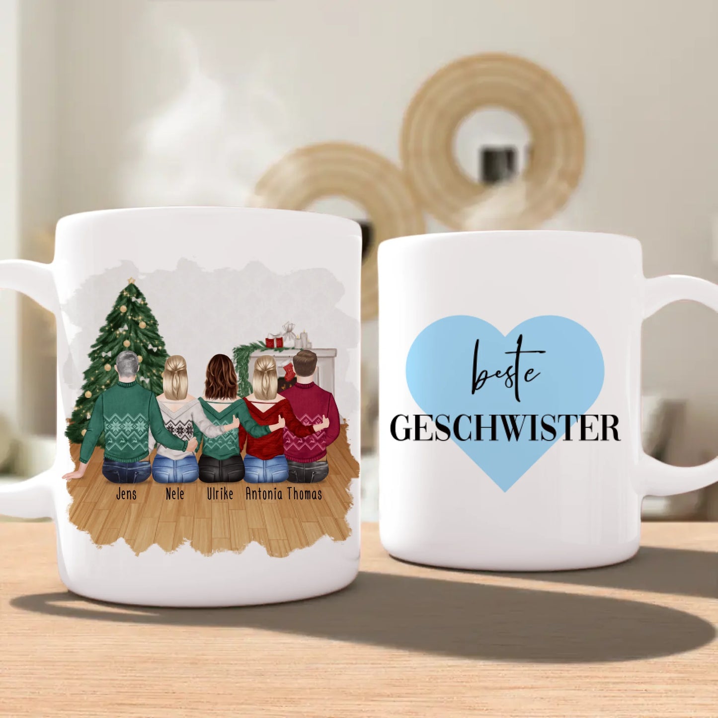 Personalisierte Tasse mit Bruder/Schwester (3 Schwestern + 2 Brüder) - Weihnachtstasse