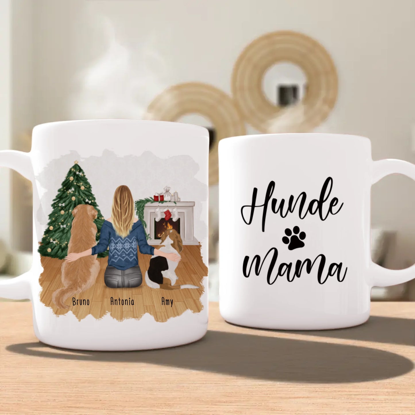 Personalisierte Tasse mit Hund und Frau (2 Hunde + 1 Frau) - Weihnachtstasse