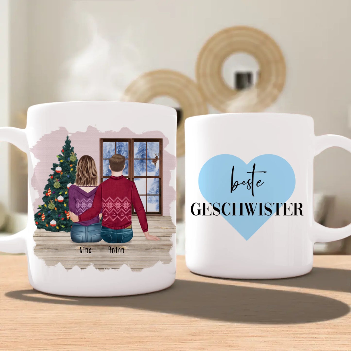 Personalisierte Tasse mit Bruder/Schwester (1 Schwester + 1 Bruder) - Weihnachtstasse